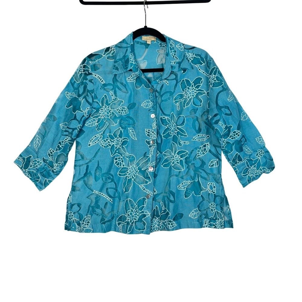 Choices Women's Floral Print Top Blouse Size M 3/4 Sleeve Blue Casual 12% Linen